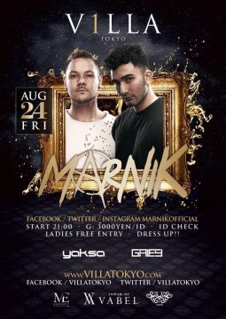 8月24日(金)DJ界のプラットフォーム“Beatport”チャートTop10の常連であるイタリア出身のデュオDJ/プロデューサー MARNIKが VILLA TOKYOに初登場！
