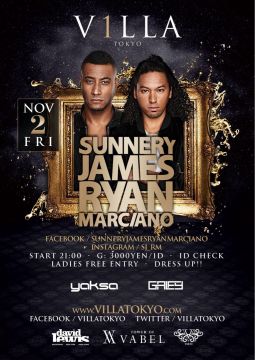 11月2日(金)ファンキーハウス、トライバルサウンドで音好きを虜にしているオランダ出身のデュオDJ/プロデューサーSunnery James & Ryan Marciano(サナリー・ジェームズ & ライアン・マルシアーノ)がVILLA TOKYOに初登場！