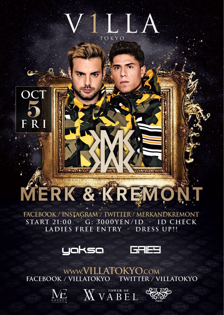 10月5日(金)Fedde Le Grandに才能を見出されたイタリア出身のDJデュオMerk & KremontがVILLA TOKYOに初登場！