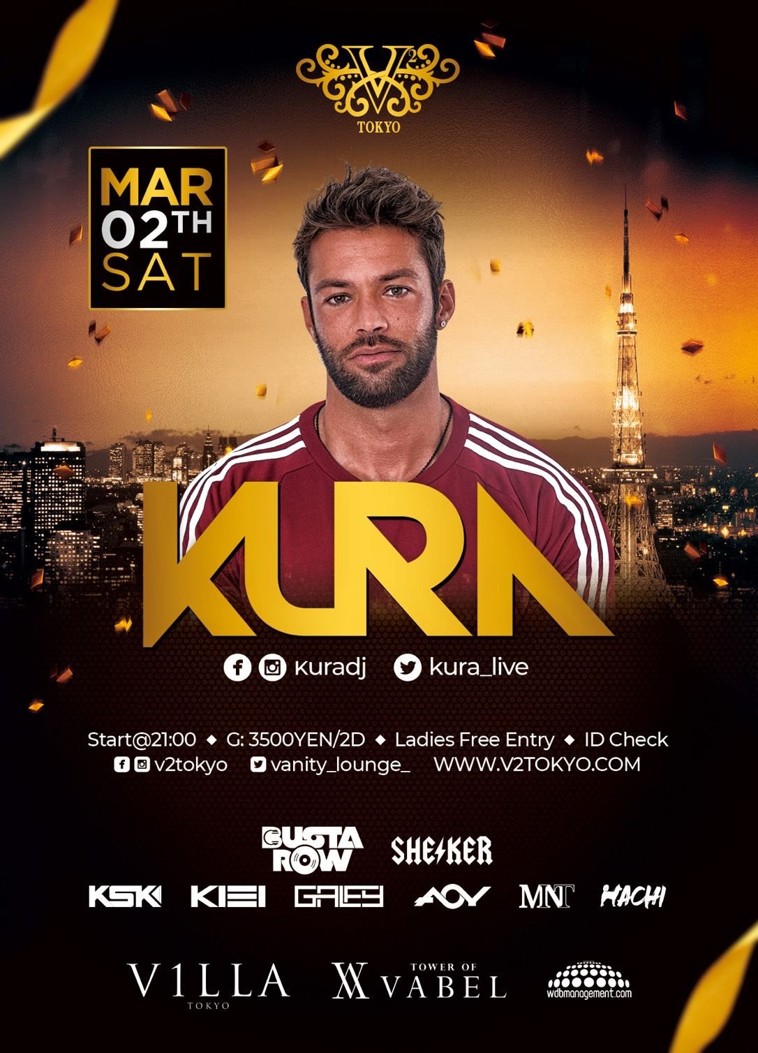 3月2日(土) 権威あるDJ Mag誌のTop 100 DJsで39位に選出された、ポルトガル出身の超絶イケメンDJ/Producer KURA(クーラ)がV2 TOKYOに再び登場！